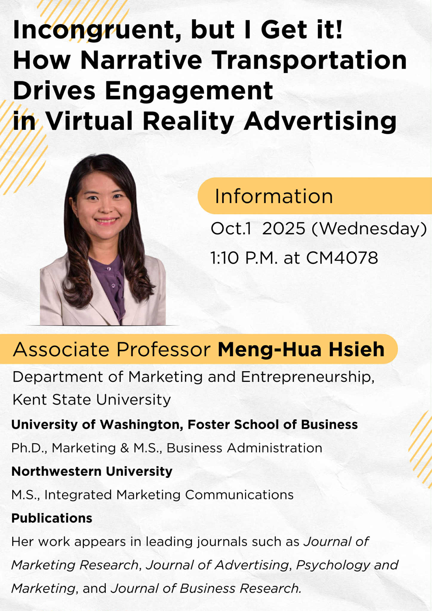 2025-10-01 講座資訊 - Incongruent, but I Get it! How Narrative Transportation Drives Engagement in Virtual Reality Advertising(另開新視窗)